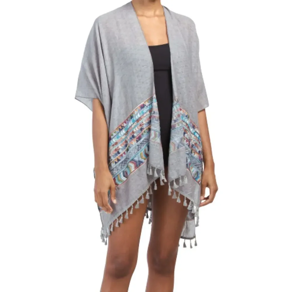 New! RAJ Aztec Embroidered Tassel Trim Beach Cover-up Boho Kimono Shawl Wrap
